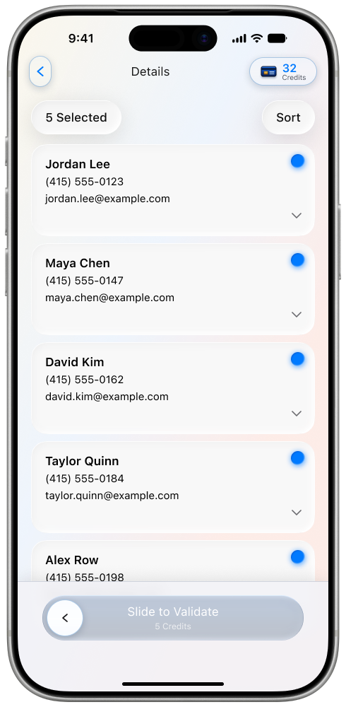 Details: review captured contacts, select leads and see the Credit cost before validating
